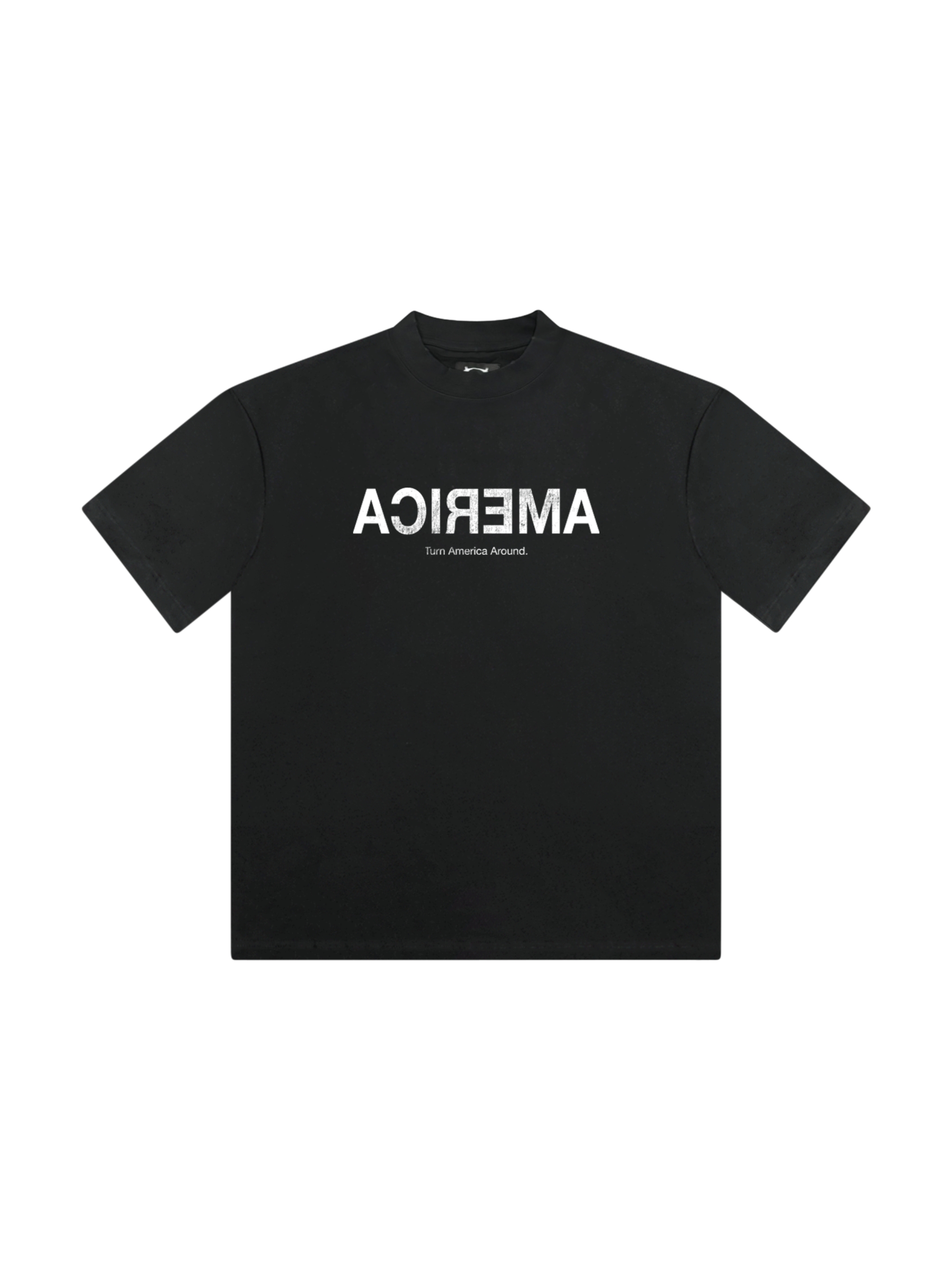 Black relaxed t-shirt with slogan print at chest.