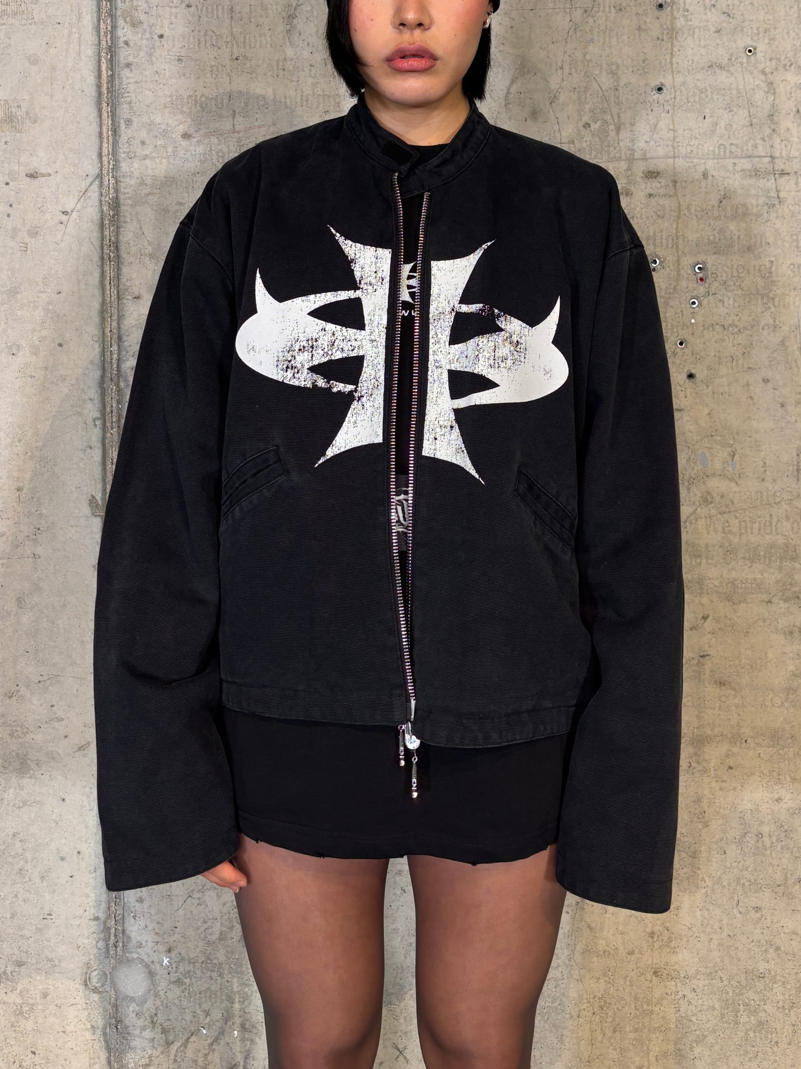 Black Canvas cropped Moto Jacket vintage wash