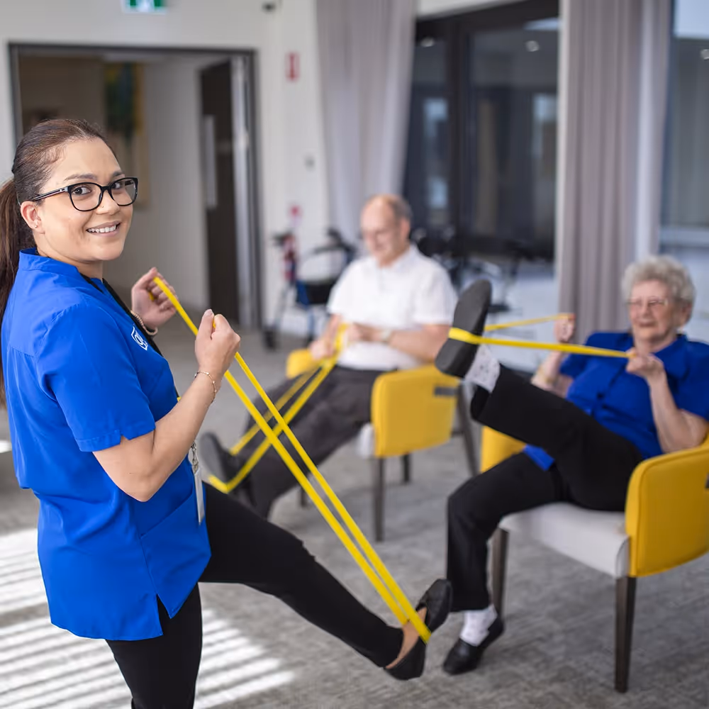 Residents in Oxa Care Mernda community taking part in exercise session.