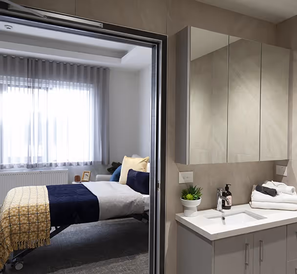 Spacious private suite at Oxa Care with ensuite bathroom, offering Wollert families premium aged care accommodation with comfort and dignity.