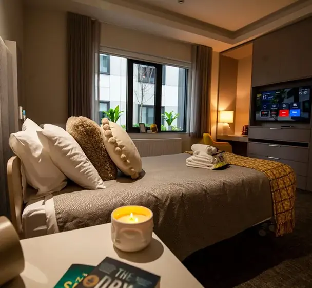 Spacious private aged care room with ensuite and modern furnishings at Oxa Care.