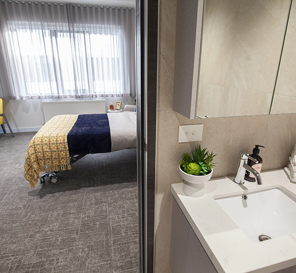 Spacious single aged care room with private ensuite at Oxa Care.