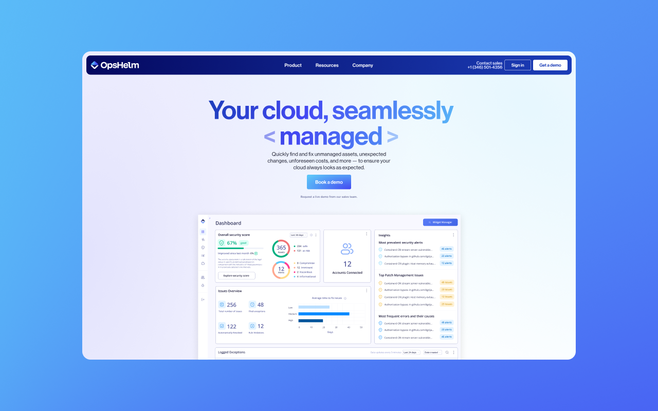 New OpsHelm homepage hero area on a blue gradient background