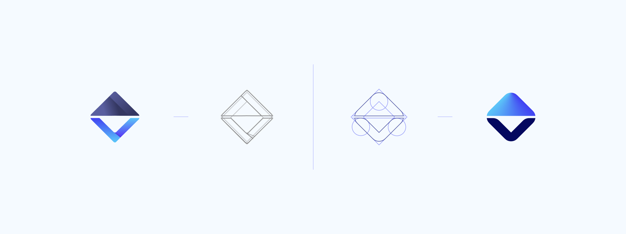 Four stages of logo redesign from original to new on a light background