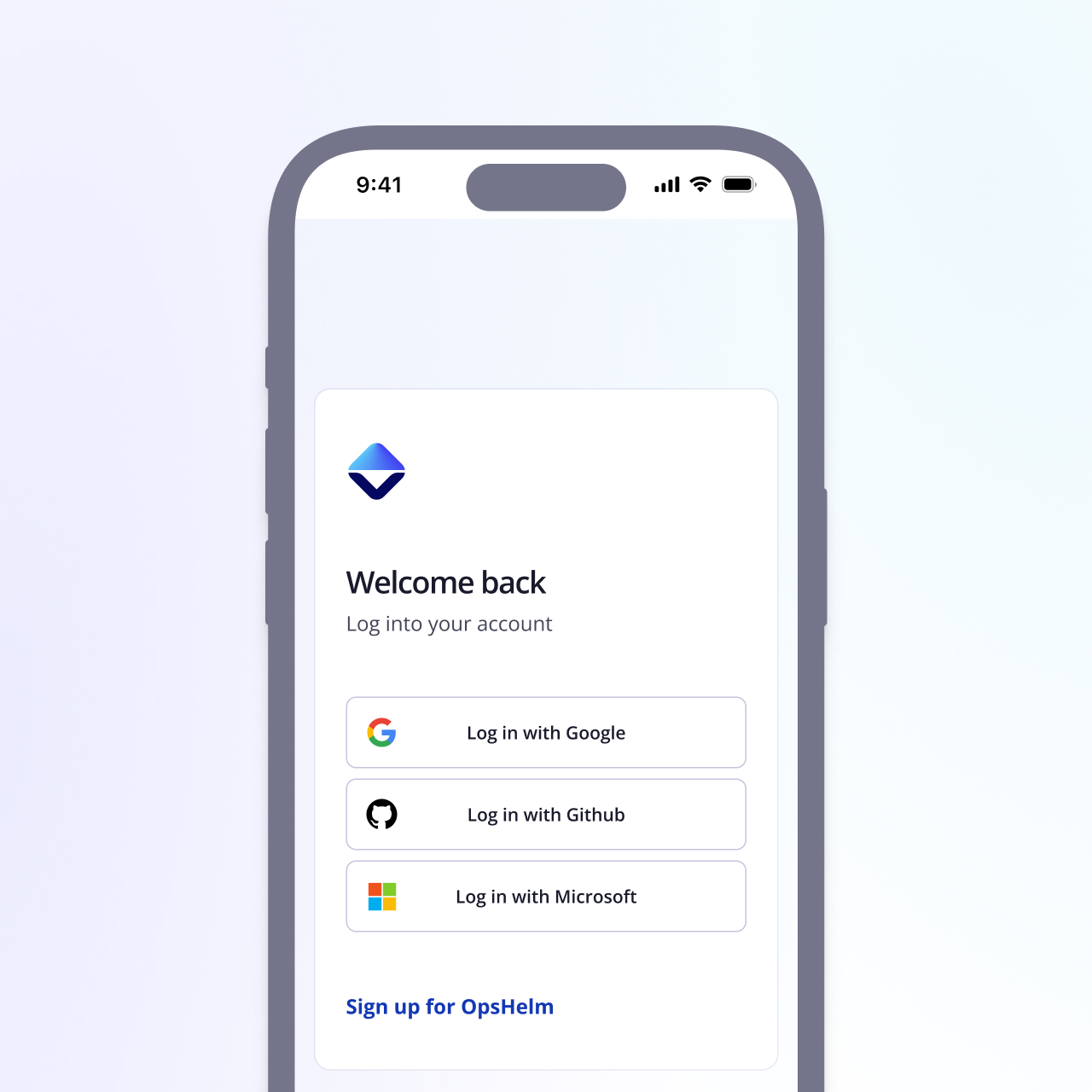 Login page displayed in a sample mobile device on a light gradient background