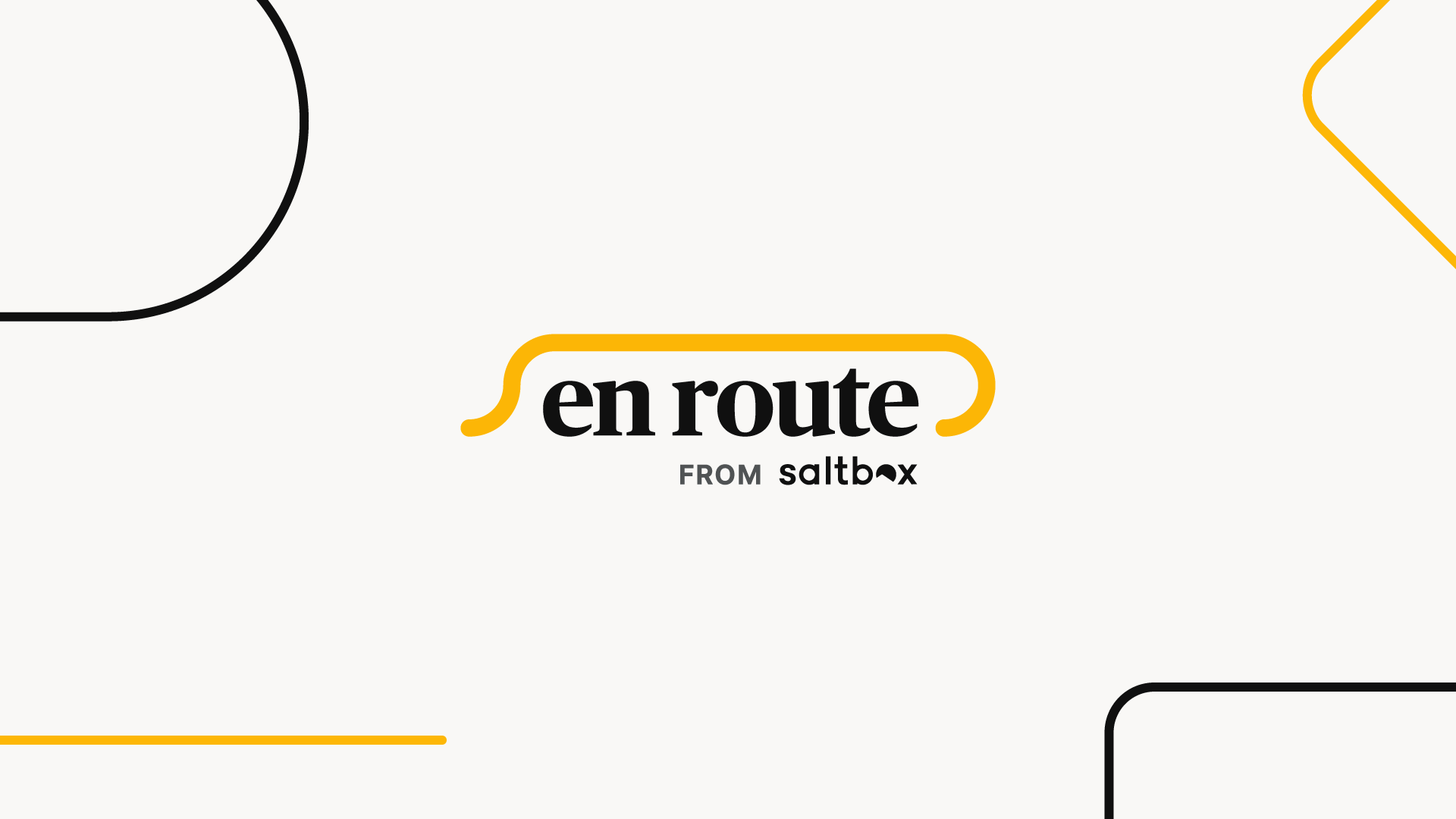 En Route webinar primary logo built from an open yellow line curving around serif type of the webinar name with the Saltbox logo underneath. Wirey shapes matching the logo surround it on a light background.