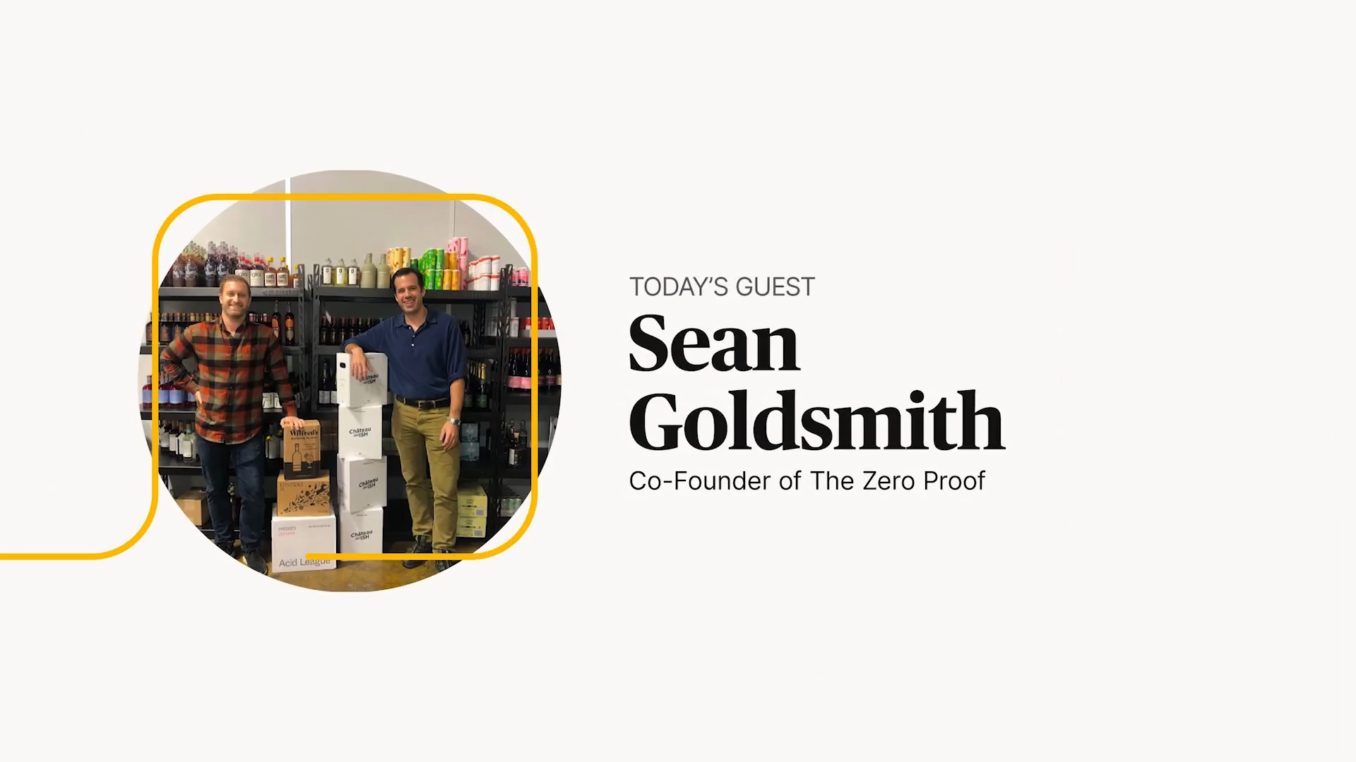 Guest intro card layout frame with the guest's portrait, name, and company information accented with a yellow line