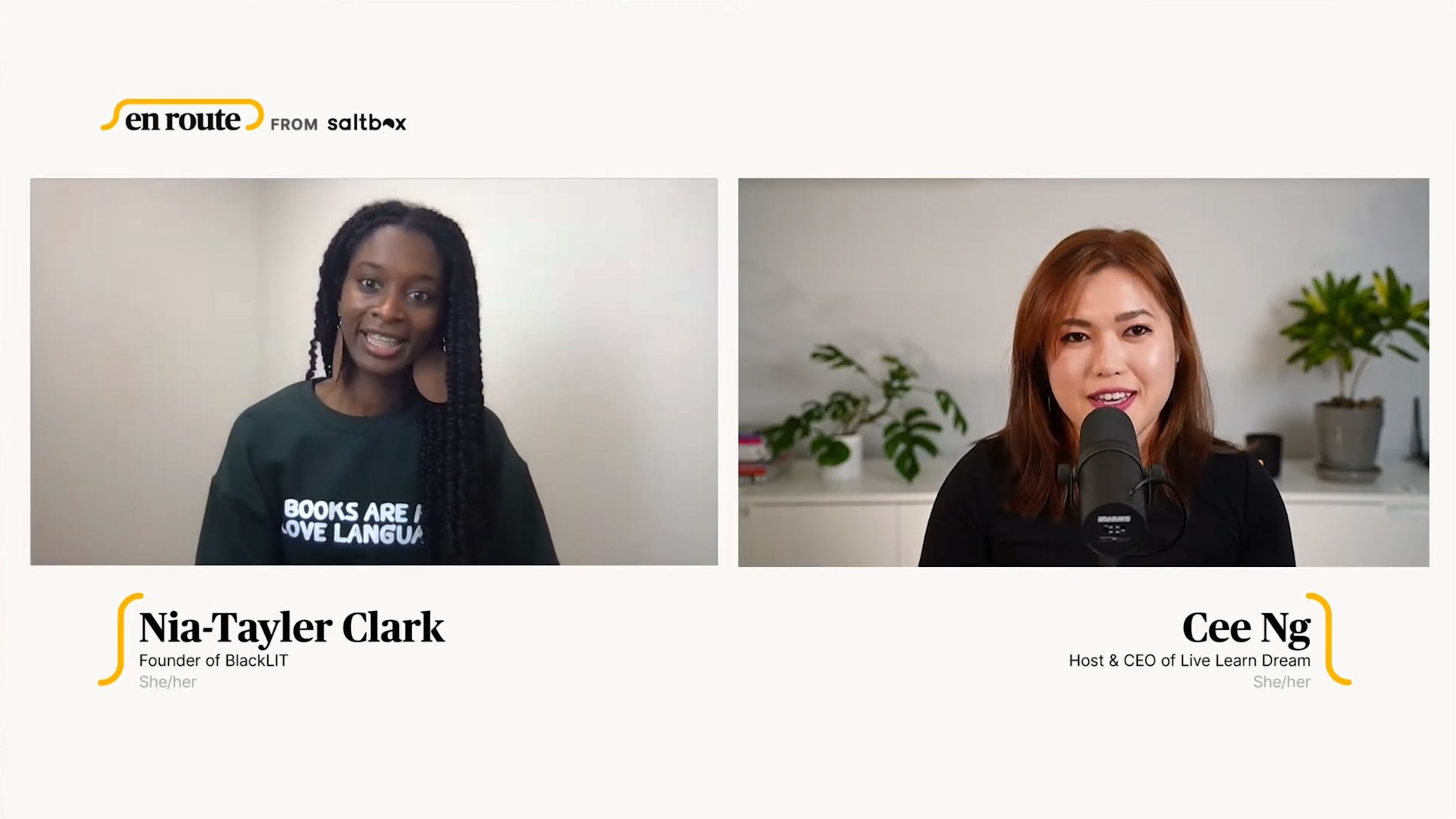Video frame of a side-by-side layout of host and guest cameras. Surrounding them on a light background are the En Route and Saltbox logos