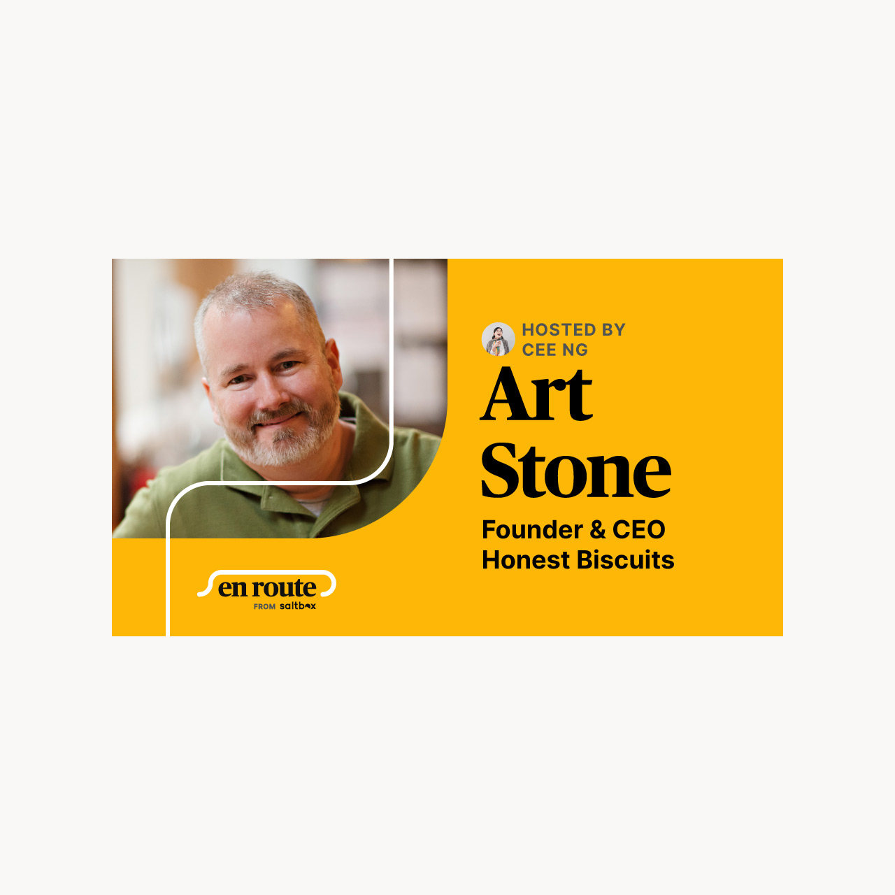 Yellow YouTube thumbnail with guest information on a light background