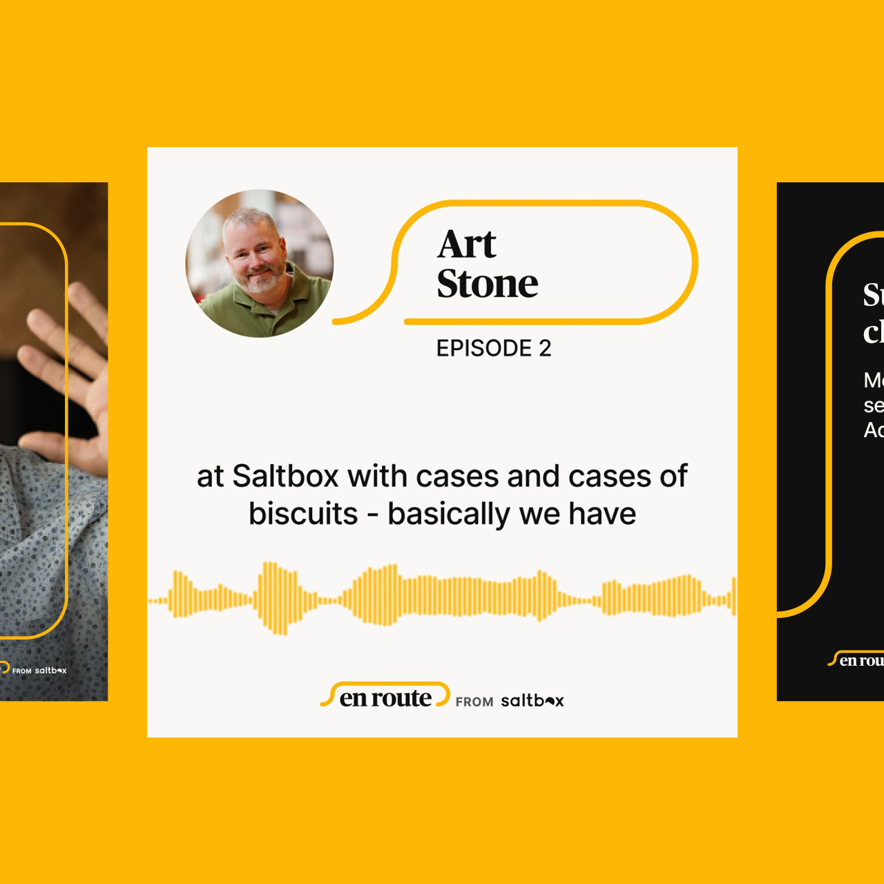 Three square Instagram card examples on a yellow background