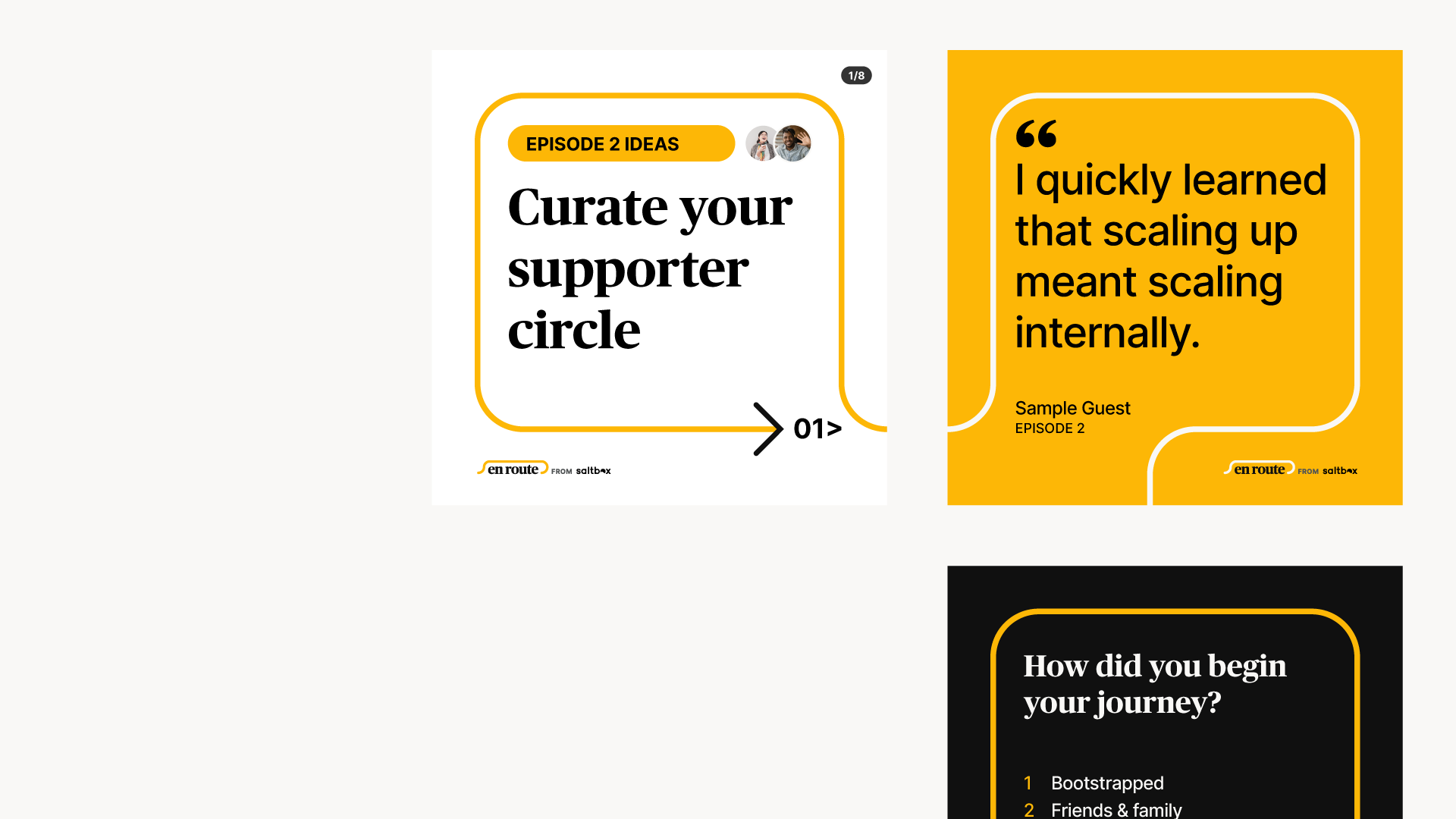 Three square Instagram cards of text-content carousels and engagement content