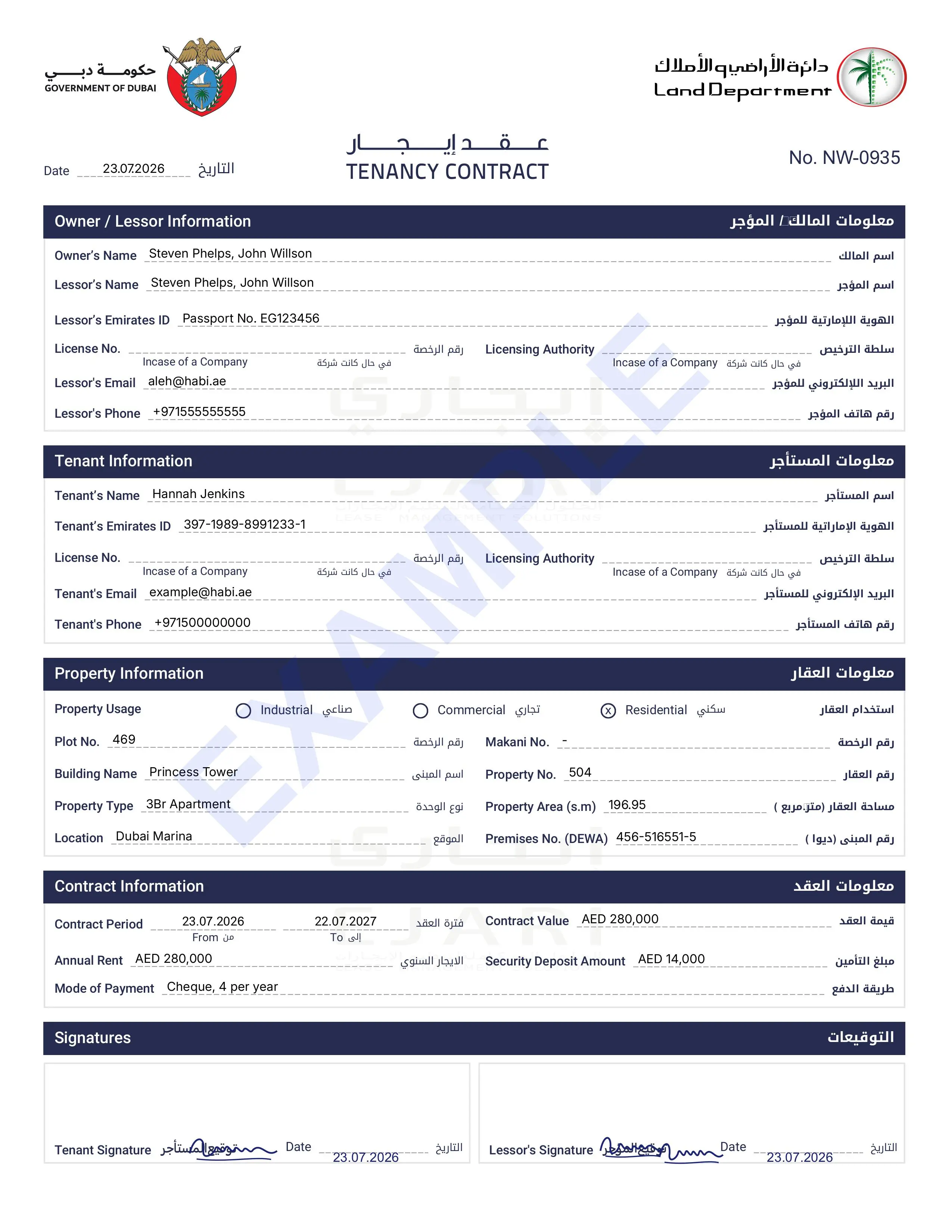 Completed Dubai tenancy contract example.