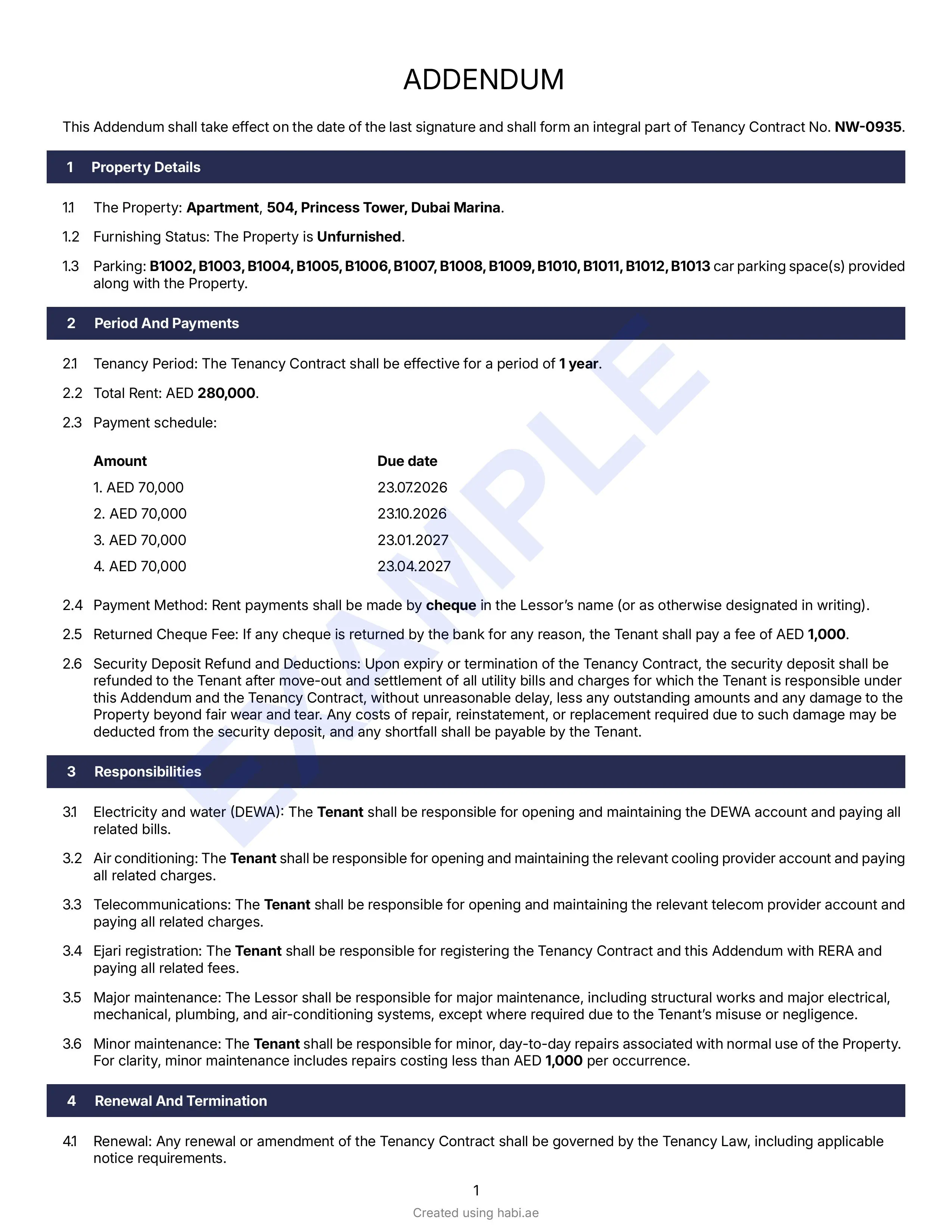 Tenancy contract addendum example Dubai.