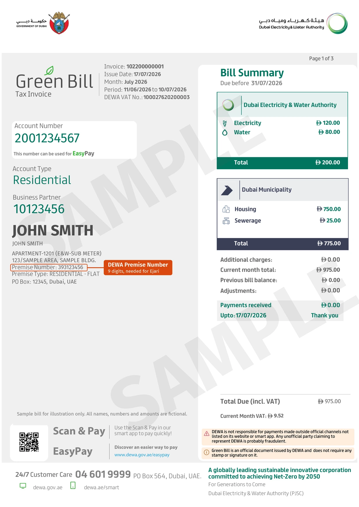 Sample DEWA bill with the 9-digit premise number highlighted in the address block