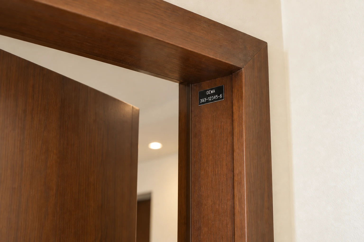 DEWA premise number plate at the door of an apartment in Dubai, showing 393-12345-6