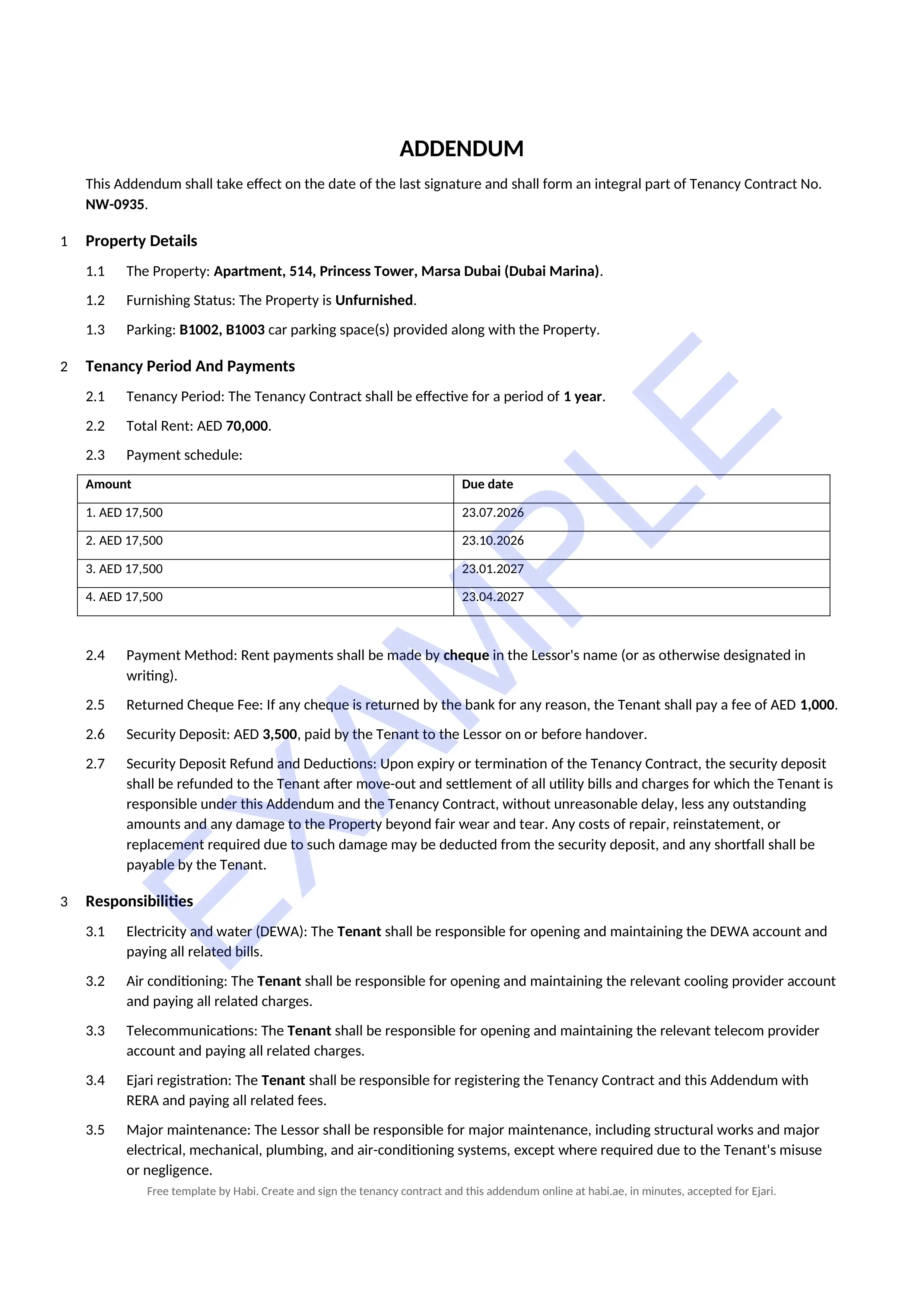 Tenancy contract addendum example Dubai.