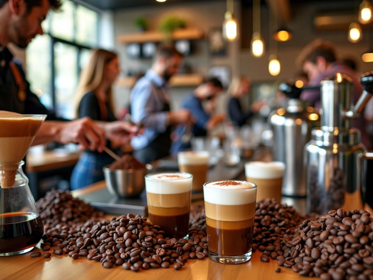 Kaffeebar mit Baristas und Kunden in modernem Café.