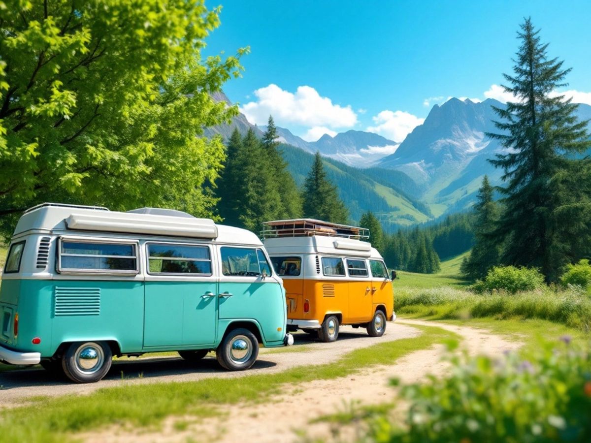 Zwei Wohnmobile in einer malerischen Landschaft.