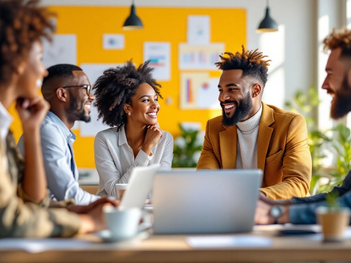 Diverse professionals in modern office meeting.