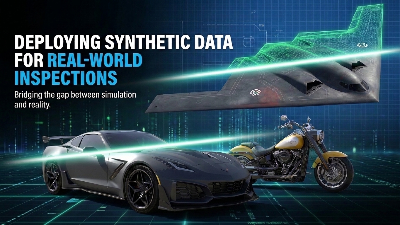 Deploying Synthetic Data for Real-World Inspections - a sports car, a motorcycle and a stealth aircraft rendered over a digital wireframe grid
