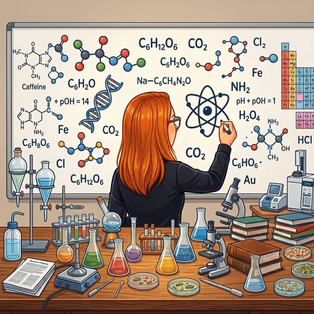 A teacher standing in front of the whiteboard that has sciece equations and a desk full of science equipments.