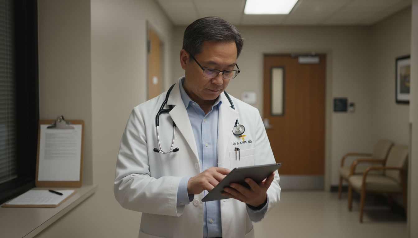 Physician reviewing patient data on tablet