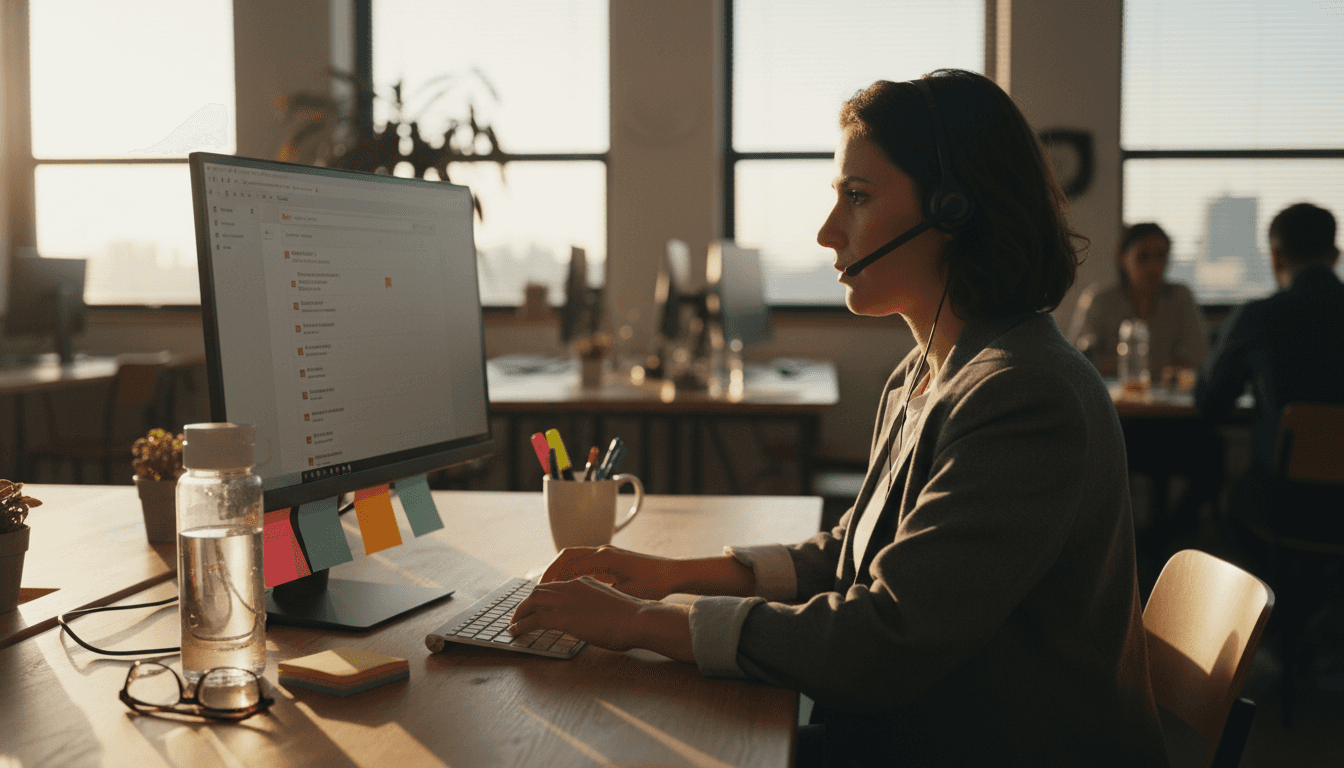 Support agent responding at open-plan desk