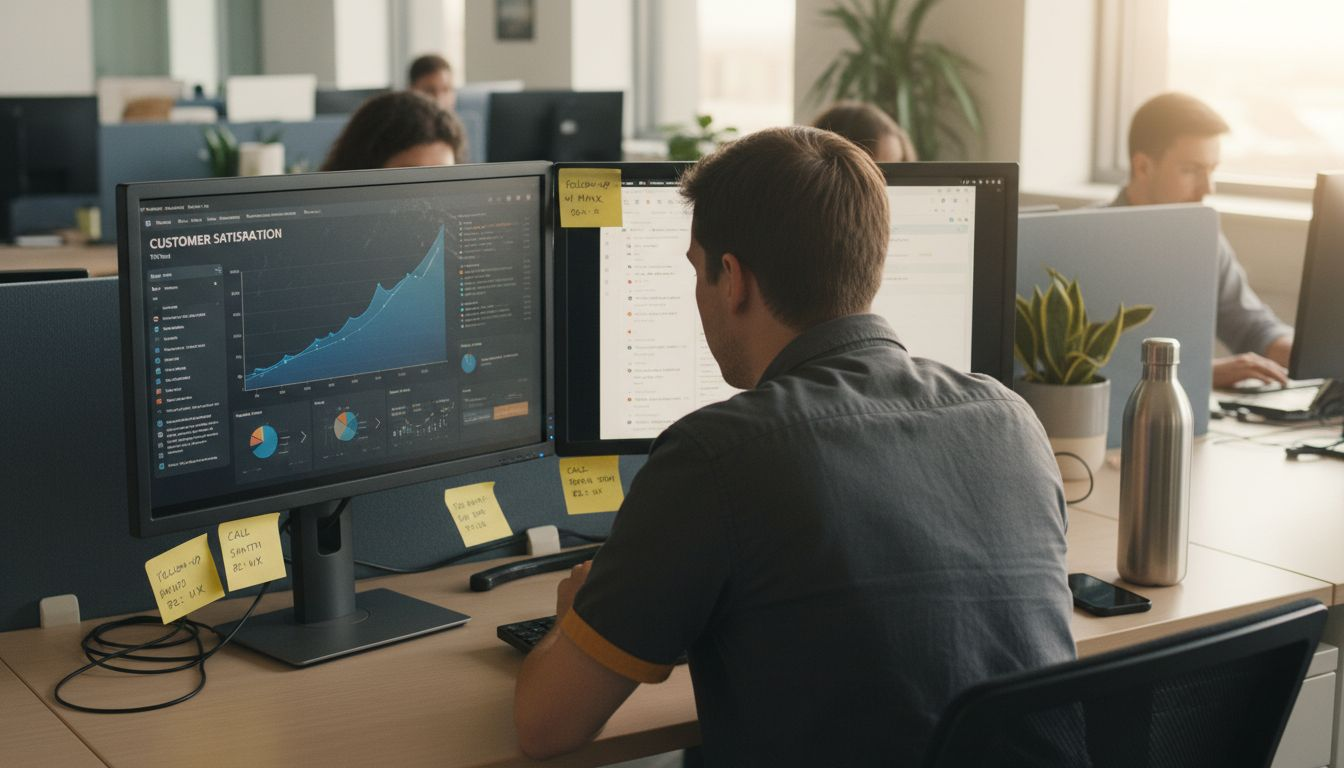 Analyst reviewing customer feedback metrics