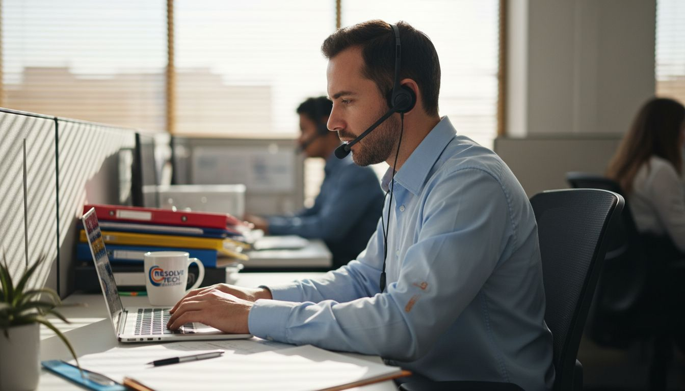 Agent at desk handling customer inquiry