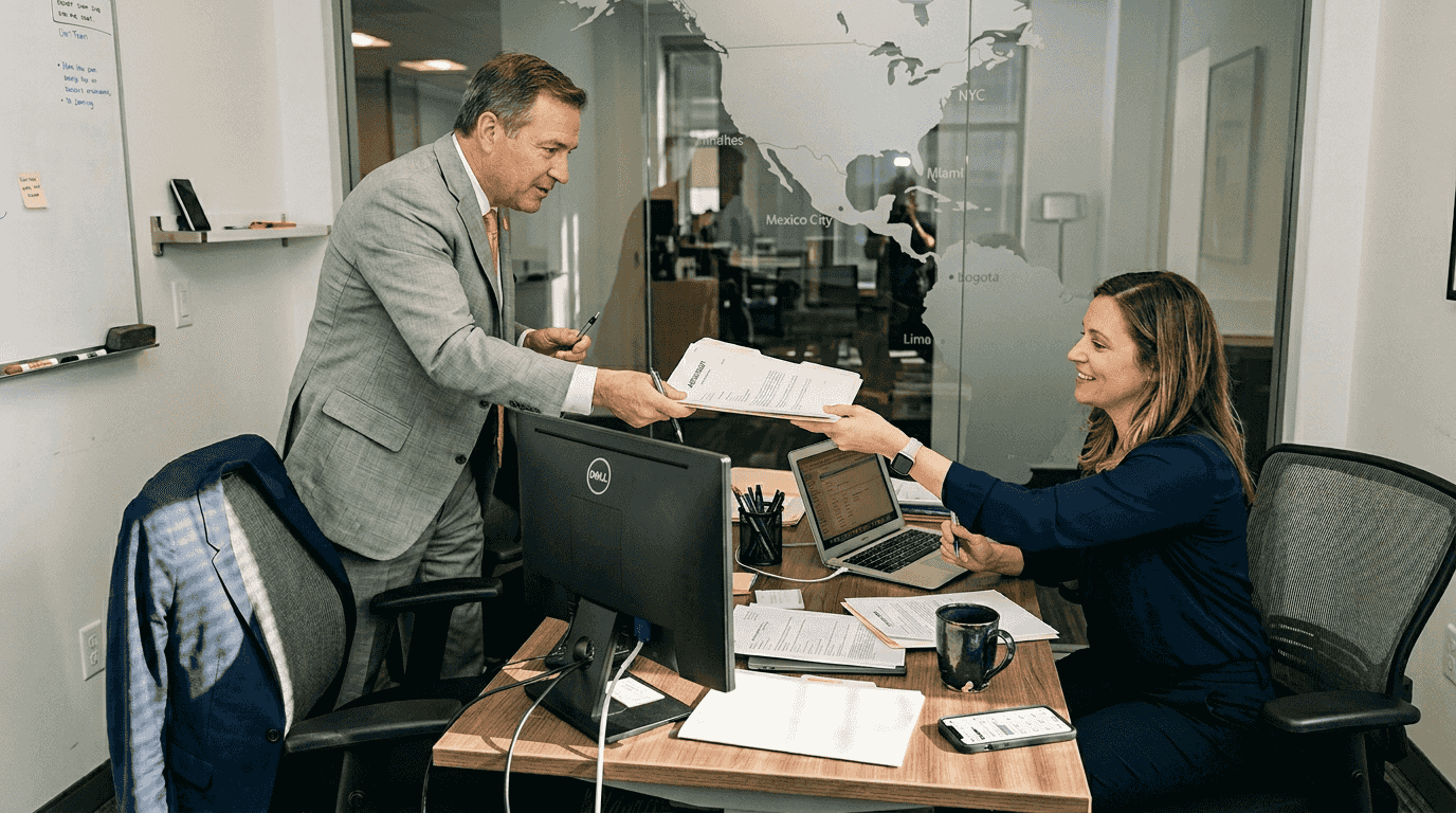 Colleagues exchanging legal documents