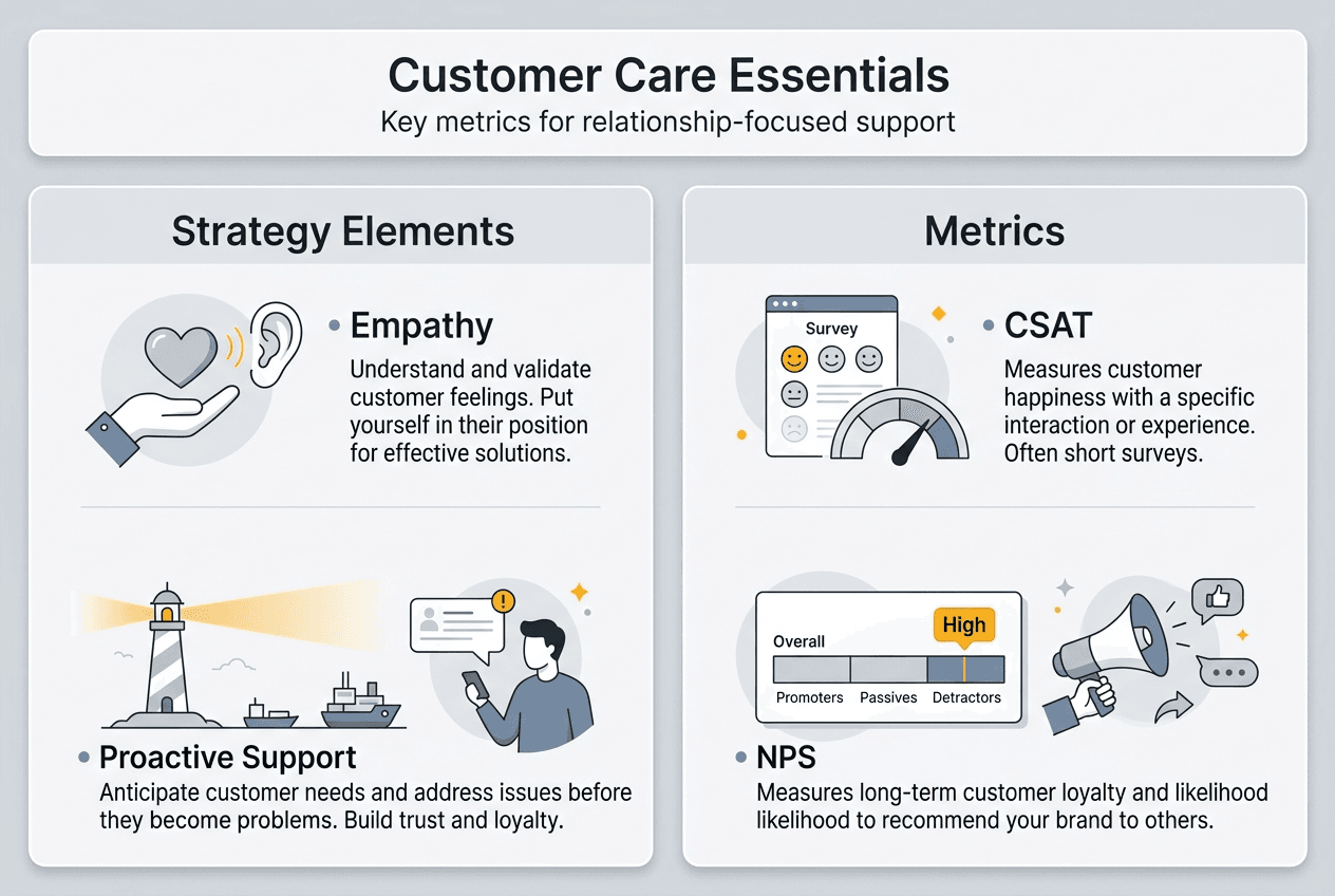 Infographic of customer care metrics and strategy elements