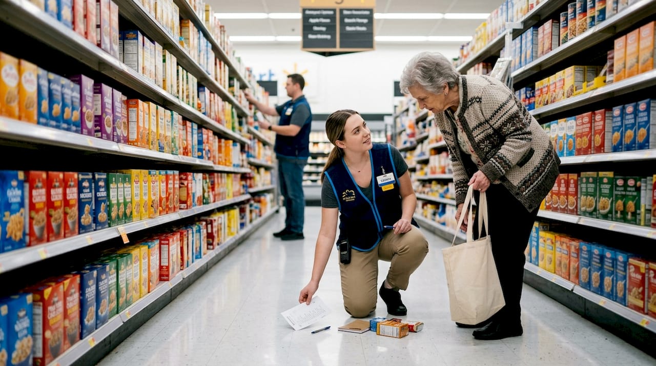 Employee helping customer recover dropped items