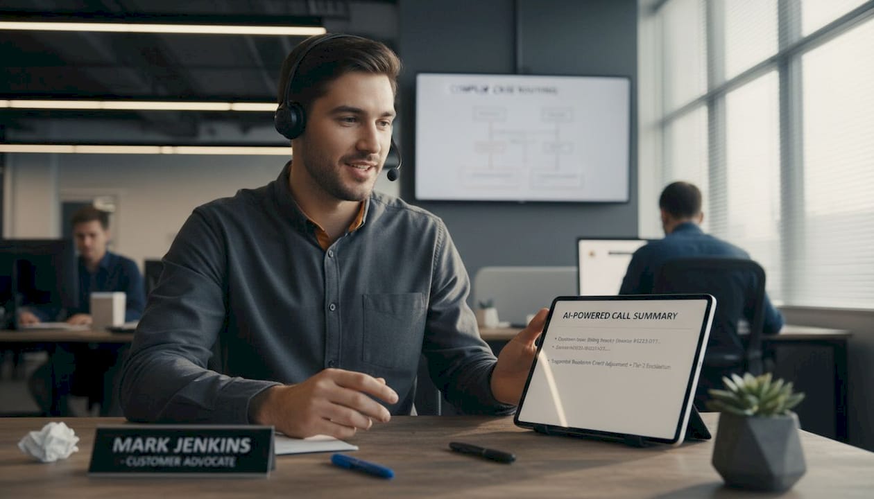 Agent uses AI and headset in open workspace