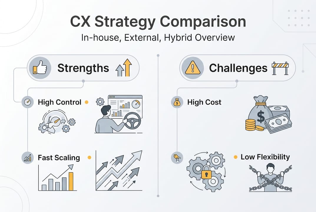 CX strategy comparison infographic with key points