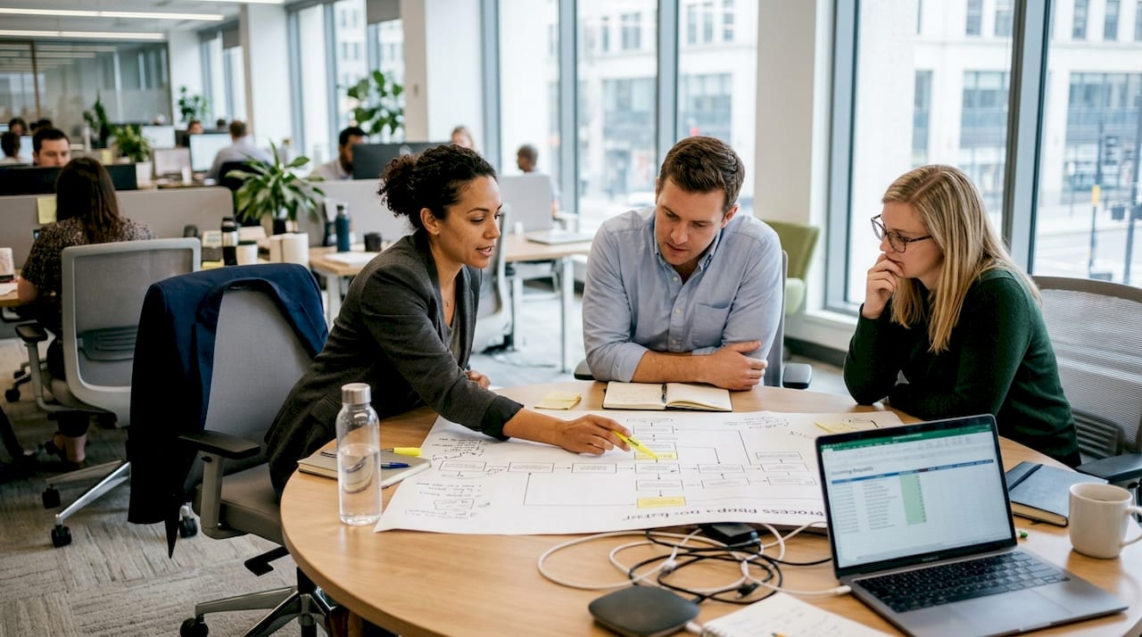 Colleagues reviewing process map at workspace