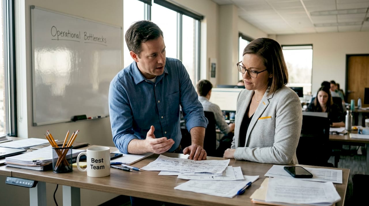 Managers discussing staff gaps at standing desk