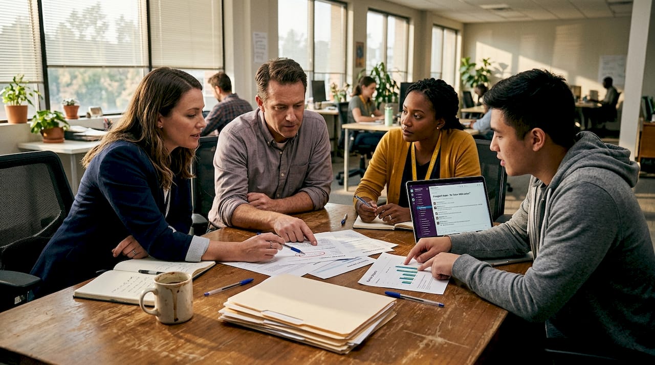 Team collaborating on support strategies around table