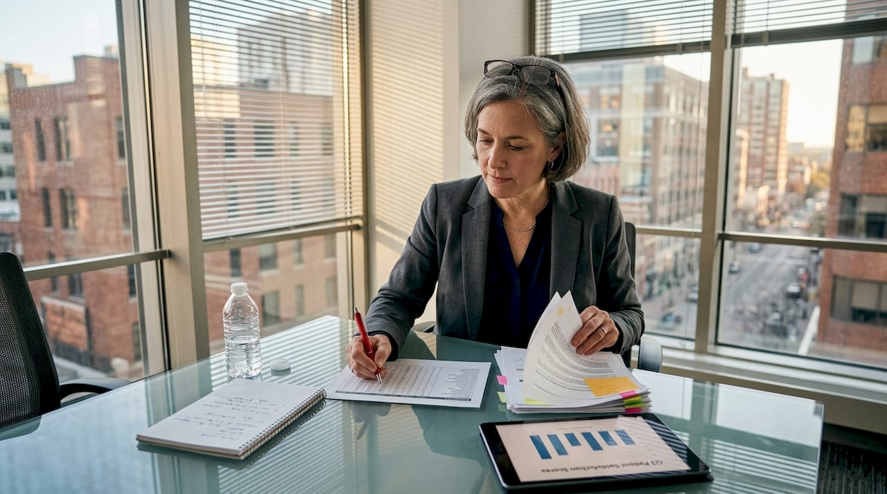 Executive reviewing patient care documents