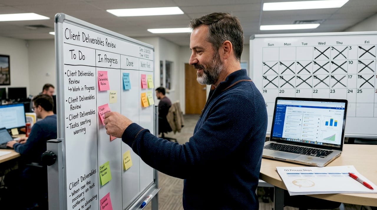 Manager updating workflow whiteboard with notes