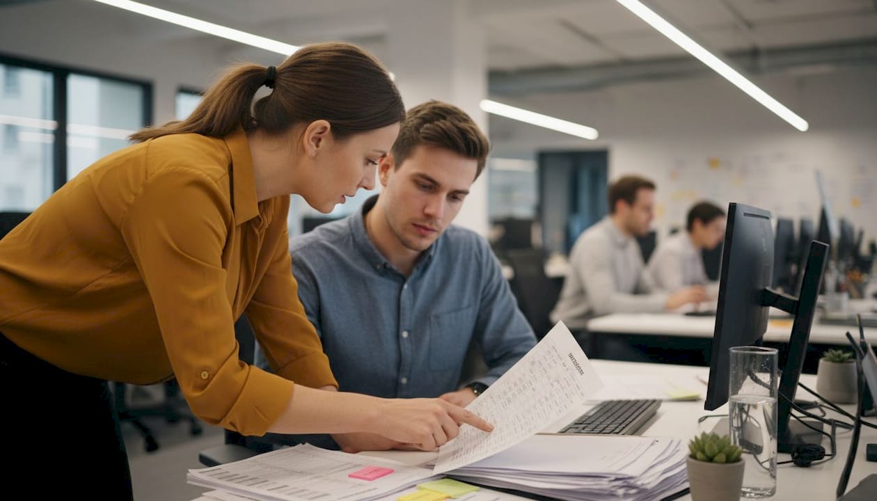 Supervisor coaching agent at open-plan desk