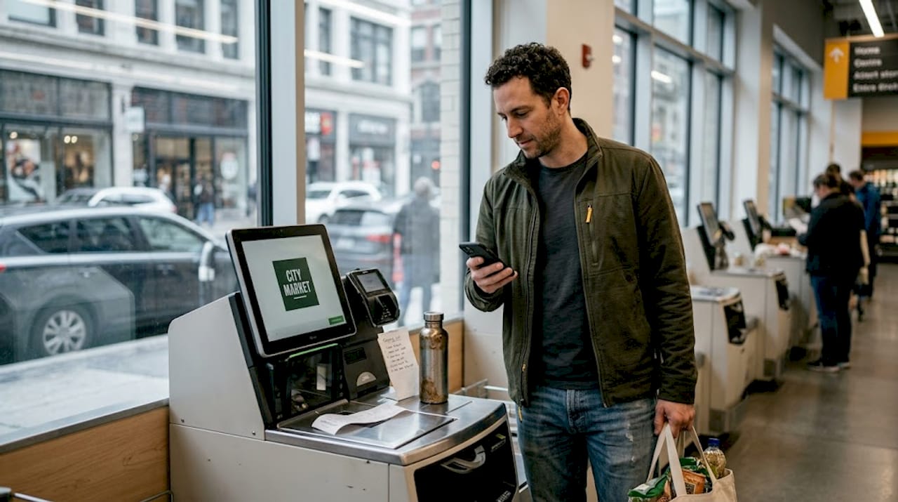 Customer using self-checkout with phone in store