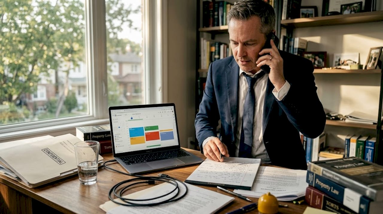 Lawyer on call reviewing client notes