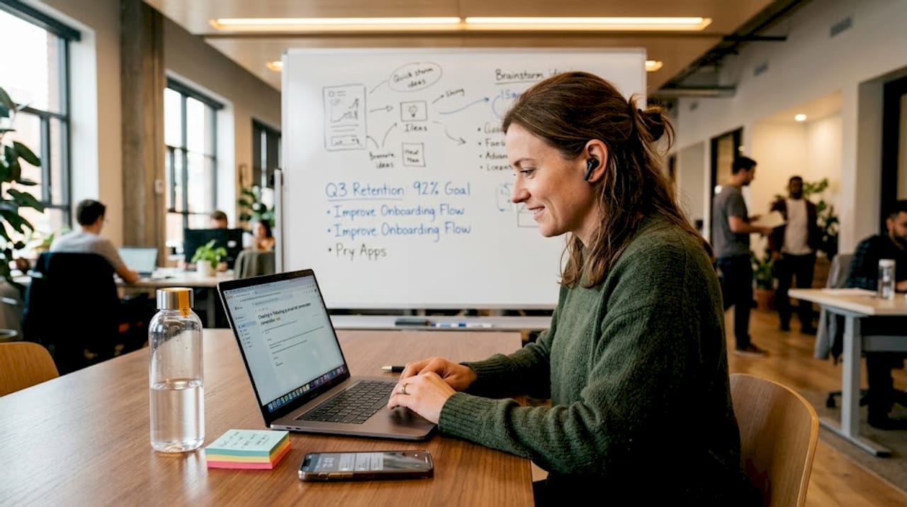 Customer success manager composes email at workspace