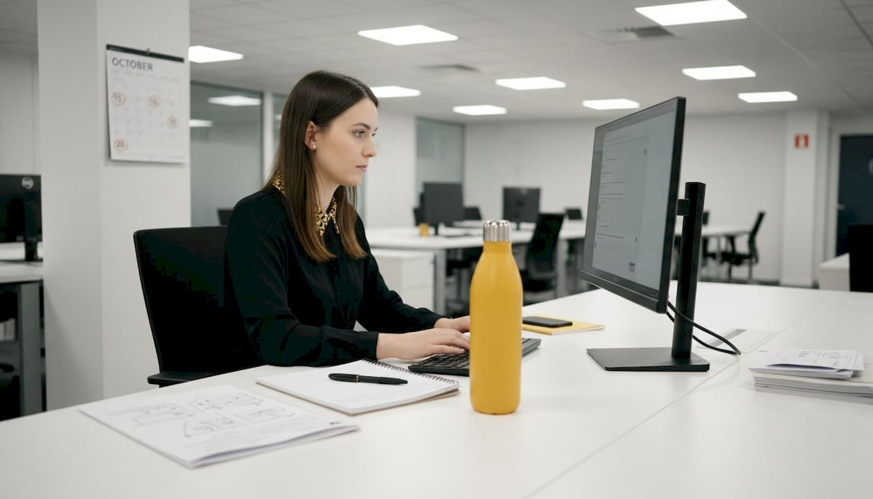 Support specialist answers chats in busy office