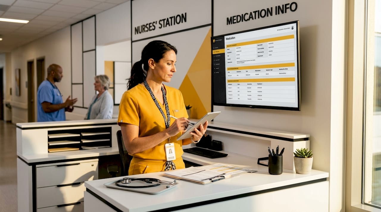 Nurse updates patient record at support station