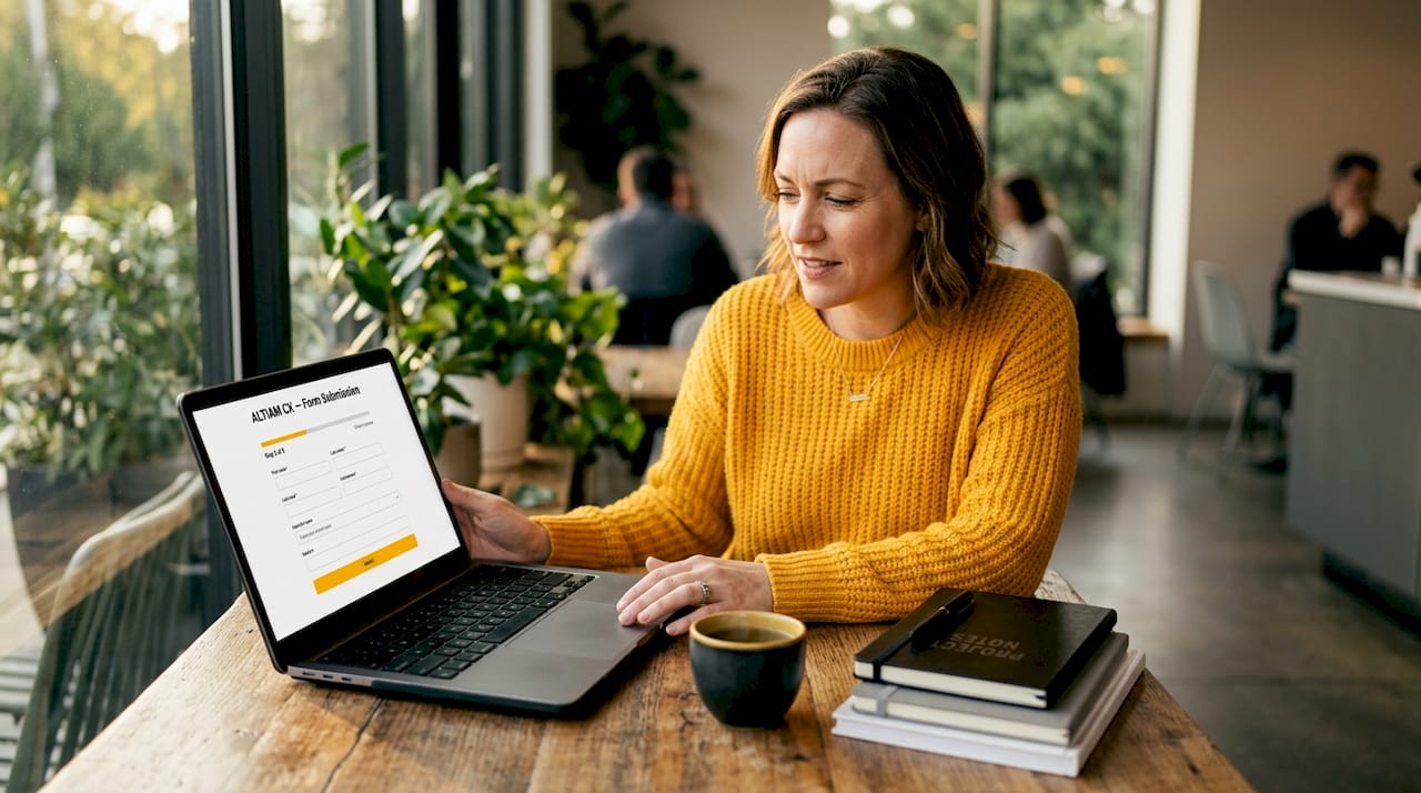 Person entering data in online form at home table