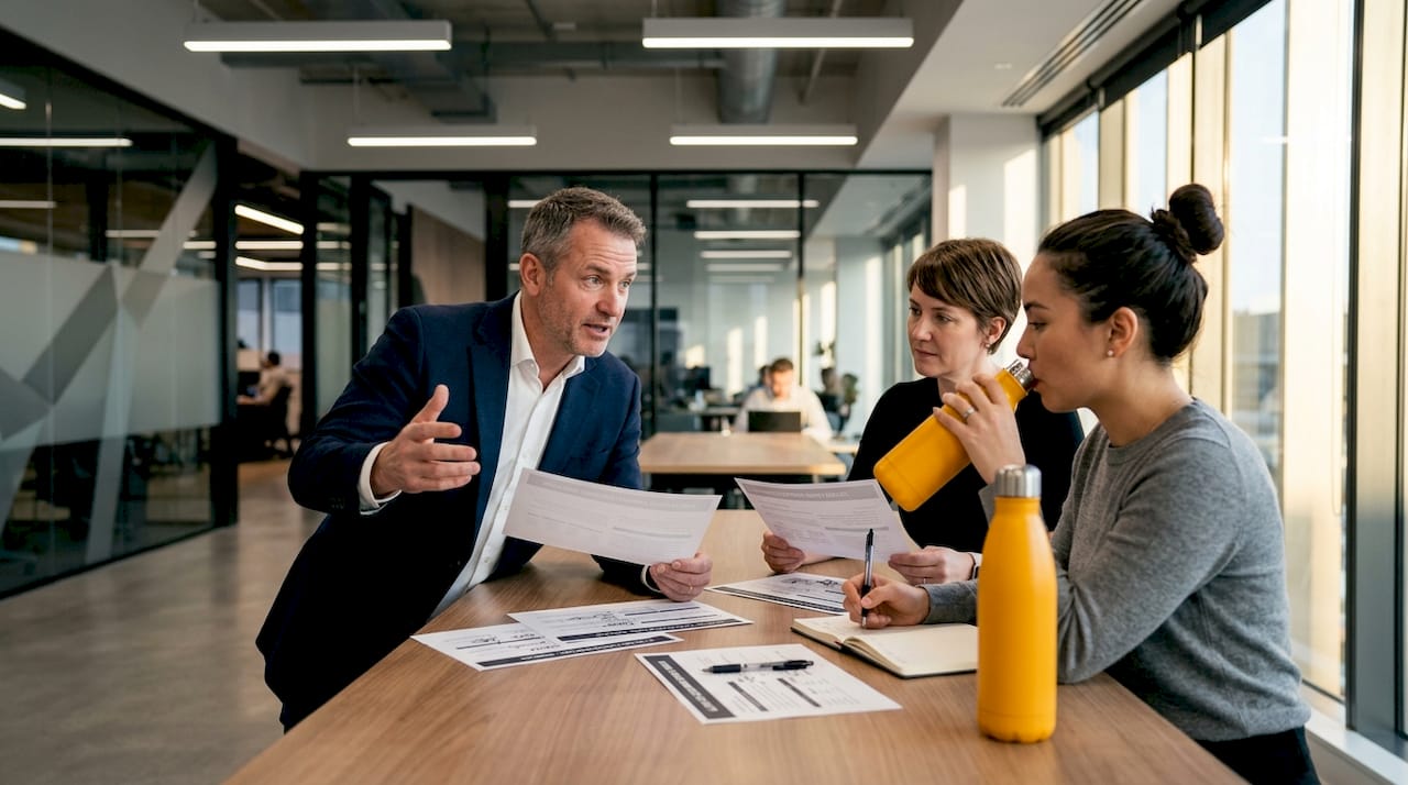 Manager and team reviewing survey results together