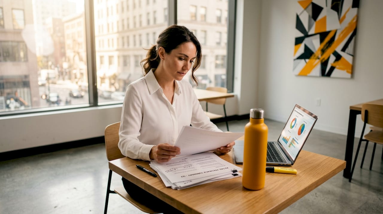 Manager reviewing feedback and reports at table