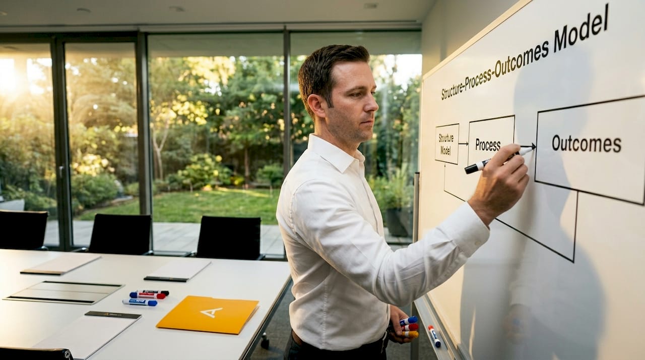 Administrator writing model diagram on office whiteboard