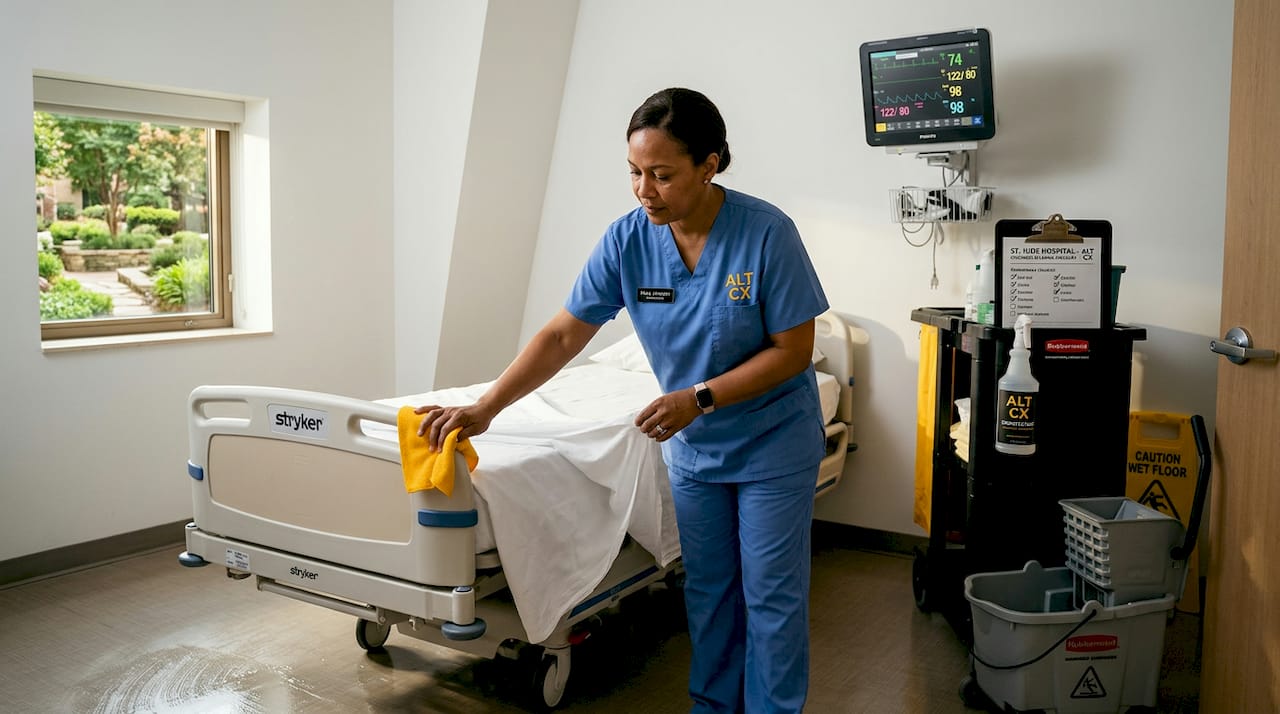 Worker preparing patient room for next admission